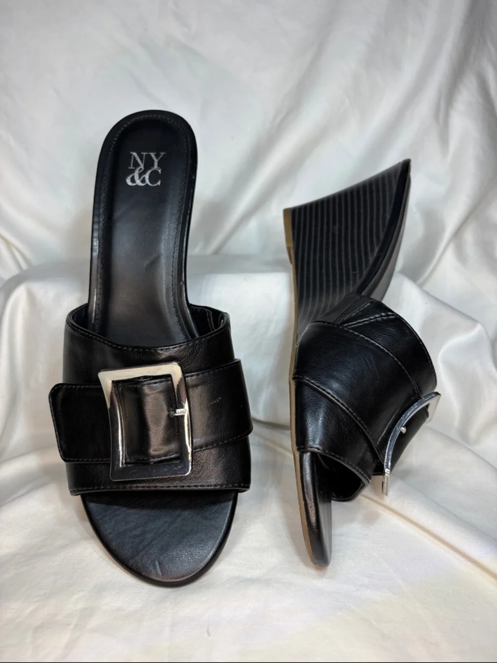 New York & Company Black Wedge Slide Sandals with Silver Buckle Sz 11